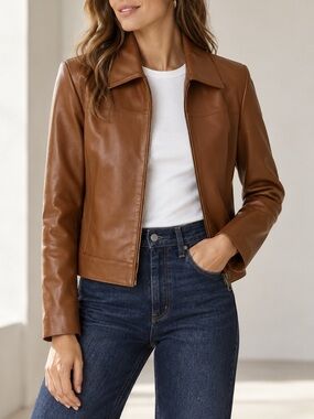 Quince Women‎ 100% Leather Cropped Zip-Front Jacket Brown M